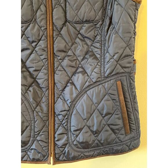 Banana Republic Vest Size M Blue Brown Trim Zip Up Quilted Pockets Women's - Picture 6 of 8